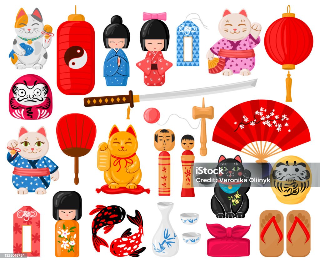 Ilustración de Símbolos Japoneses De Dibujos Animados Juguetes  Tradicionales Orientales Maneki Neko Omamori Daruma Y Kokeshi Muñecas  Vector Conjunto De Ilustración Lindos Símbolos De La Cultura Japonesa y más  Vectores Libres de