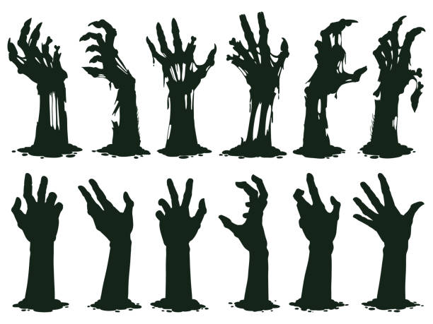 illustrations, cliparts, dessins animés et icônes de silhouette des mains zombies. les agneaux tordis zombie effrayants sortent de l’ensemble d’illustrations vectorielles du cimetière. halloween mains de zombie - griffes ou pinces