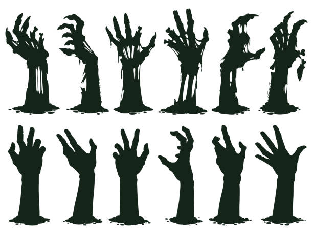 ilustrações de stock, clip art, desenhos animados e ícones de zombie hands silhouette. creepy zombie crooked lambs stick out of graveyard ground vector illustration set. halloween zombie hands - monster
