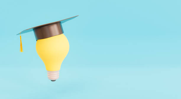 Creative Education Concept light bulb with graduation hat on blue background with space for text. education concept. 3d render blue yellow lights stock pictures, royalty-free photos & images