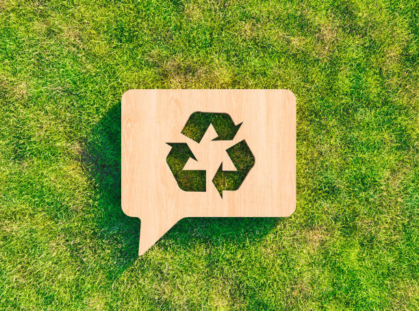 recycling symbol on grass recycling symbol carved in wood on grass. recycling concept. 3d render green word bubble stock pictures, royalty-free photos & images