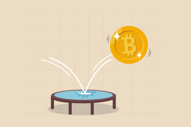 Bitcoin price rebound, crypto currency bounce back to rising up after falling down concept, golden bitcoin bounce back on the trampoline rising up on price graph. Bitcoin price rebound, crypto currency bounce back to rising up after falling down concept, golden bitcoin bounce back on the trampoline rising up on price graph. bouncing stock illustrations