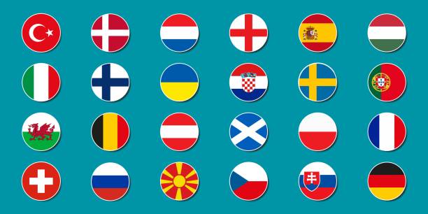 ilustrações, clipart, desenhos animados e ícones de conjunto de bandeiras nacionais das equipes de futebol euro 2020 - time table