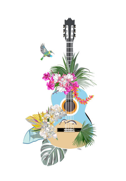 istock Abstract guitar decorated with summer and spring flowers, palm leaves, notes, birds. 1325022489