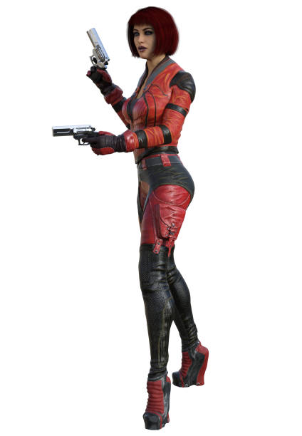 istock Futuristic soldier in Red uniform, armed with guns, 3d illustrations 1325022727
