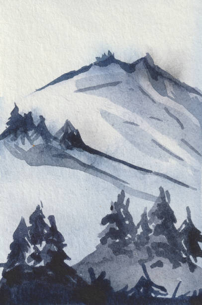 istock Watercolor snowy mountain landscape with trees on the slope. 1325022741