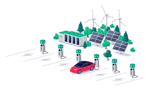 Electric car charging on parking lot with fast supercharger station and many charger stalls. Vehicle on renewable solar panel wind energy battery storage station in network grid. Vector illustration.