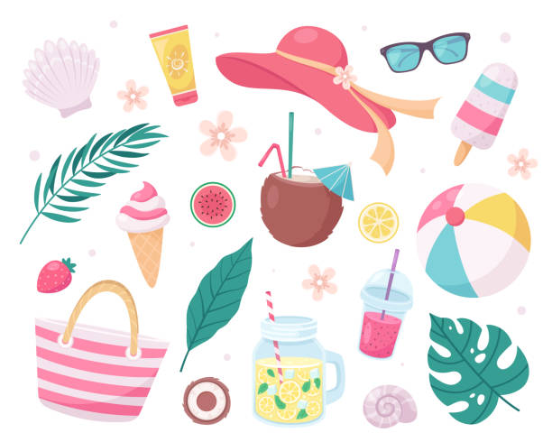 Summer elements collection: beach hat, pina colada, sunglasses, sunscreen, tropical leaves, ice cream, fruits. Vector illustration Vector illustration for cards, icons, postcards, banners, logotypes, posters and professional design. beach ball stock illustrations