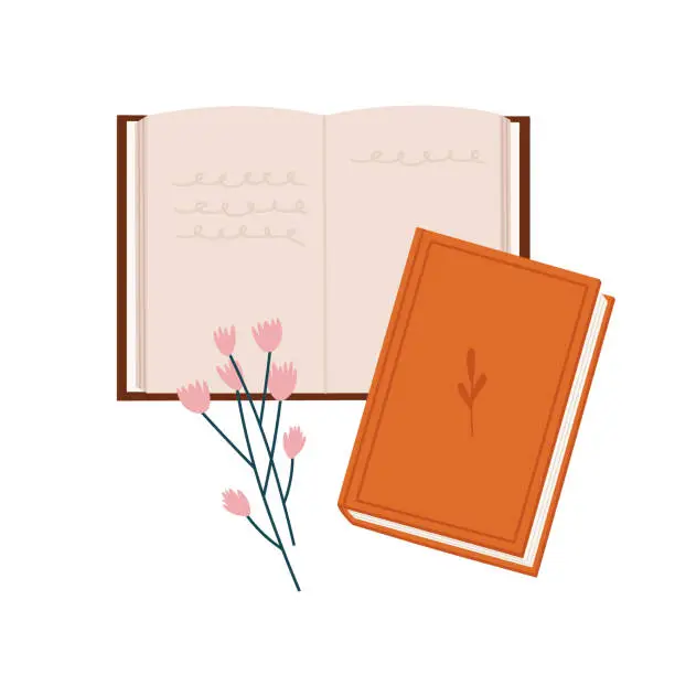 Vector illustration of Vector illustration of the open book, flowers, and closed book, isolated on white.