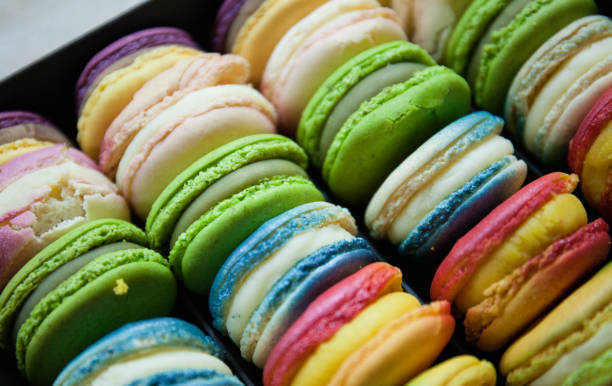 istock Traditional French colorful macaroons in rows in a box. Rest time concept 1325025319