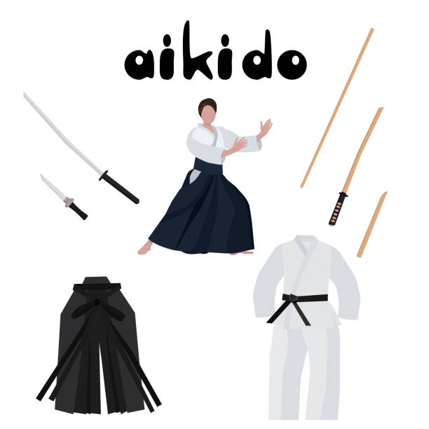 illustrations, cliparts, dessins animés et icônes de ensemble d’aïkido, vêtements et armes traditionnels, homme en position pratiquant les arts martiaux - aikido