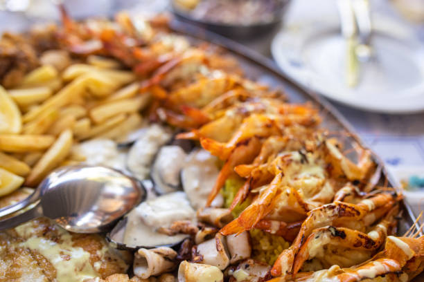 Variety seafood on plate at restaurant