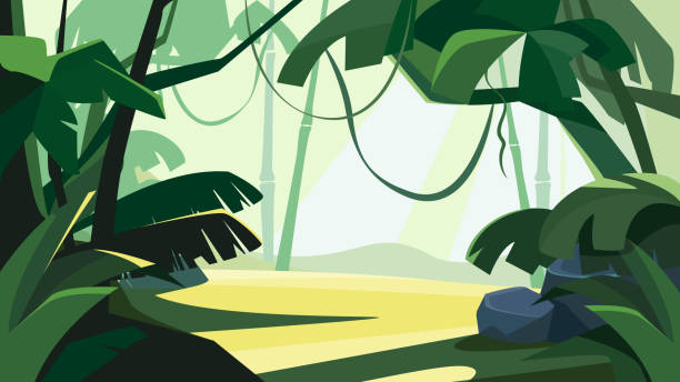 ilustraciones, imágenes clip art, dibujos animados e iconos de stock de bosque tropical al amanecer. - bosque pluvial ilustraciones