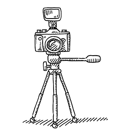 Hand-drawn vector drawing of a Photo Camera On Tripod. Black-and-White sketch on a transparent background (.eps-file). Included files are EPS (v10) and Hi-Res JPG.