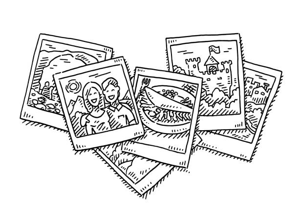 Group Of Vacation Photos Drawing Hand-drawn vector drawing of a Group Of Vacation Photos. Black-and-White sketch on a transparent background (.eps-file). Included files are EPS (v10) and Hi-Res JPG. doodle photos stock illustrations