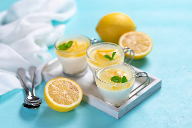 istock Lemon mousse in crystal bowl with lemon jelly topping and mint 1325029124