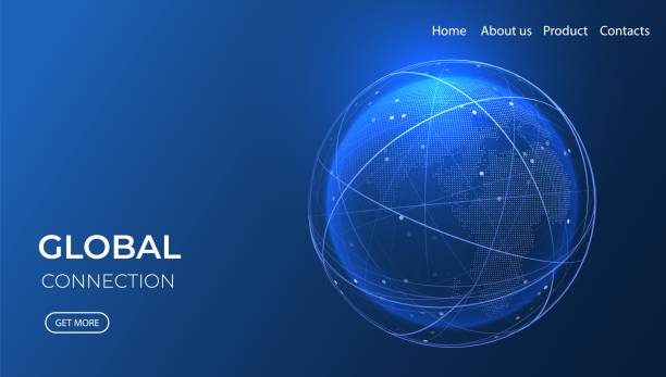 글로벌 네트워크 등대 그림. 기술 디지털 3d 글로브. 연결 데이터 서비스. 클라우드 스토리지 개념. - globe stock illustrations