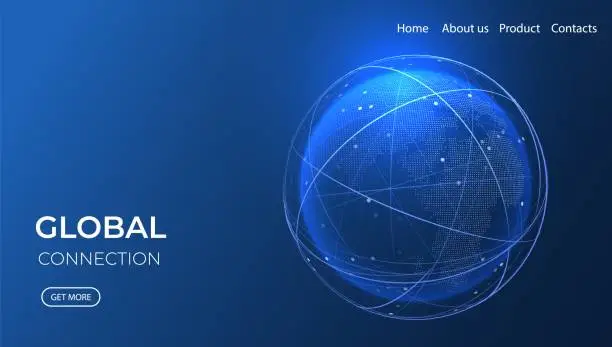 Vector illustration of Global network isometric illustration. Technology digital 3d globe. Connection data service. Cloud storage concept.