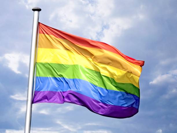 istock Rainbow flag proudly waving against a cloudy sky. 1325029331