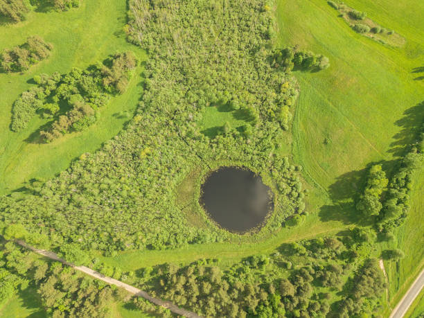 Drone view of the round lake Bozhye Oko or Devil's Eye in the Braslav region on a sunny summer day, Belarus Drone view of the round lake Bozhye Oko or Devil's Eye in the Braslav region on a sunny summer day, Belarus braslav lakes stock pictures, royalty-free photos & images