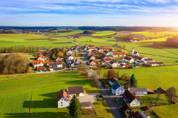 Photo of Aerial view of Lampertshausen village in Bavaria. Germany. Picture of an aerial view with a drone of the village Lampertshausen in north Bavaria, Germany.