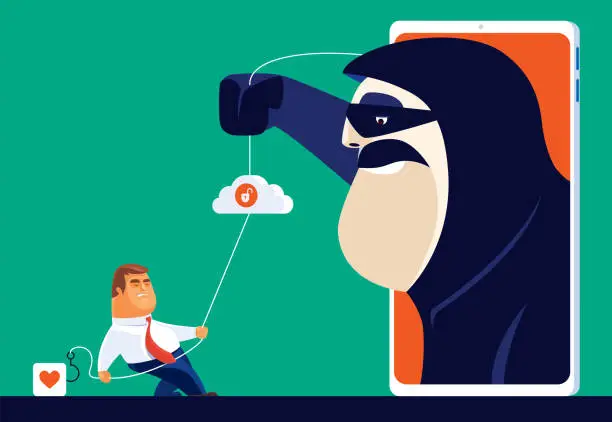 Vector illustration of hacker and businessman competing love icon via smartphone with unsafe cloud computing