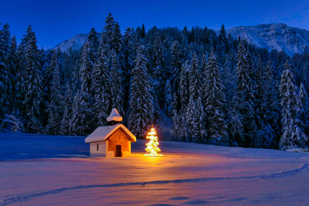 albero di natale illuminato nella cappella nel paesaggio invernale, baviera, germania - snow chapel christmas germany foto e immagini stock