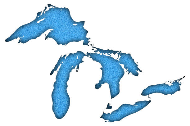 mapa wielkich jezior na niebieskim filcu - great lakes stock illustrations