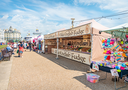 Stalls on the seafront promenade, Eastbourne, UK