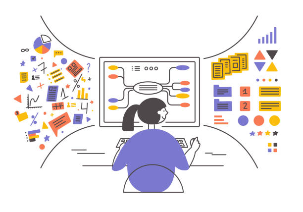 ilustraciones, imágenes clip art, dibujos animados e iconos de stock de vector de análisis de datos ilustración con una mujer joven sentada frente a la información de clasificación del monitor de la gran computadora - computer programmer illustrations