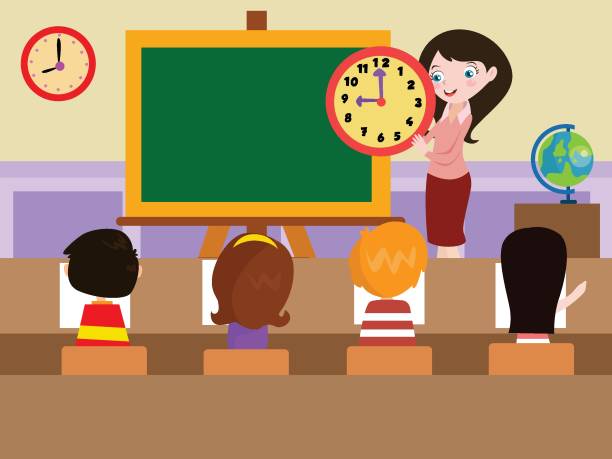 учительница-женщина преподает о времени в классе - telling time stock illustrations