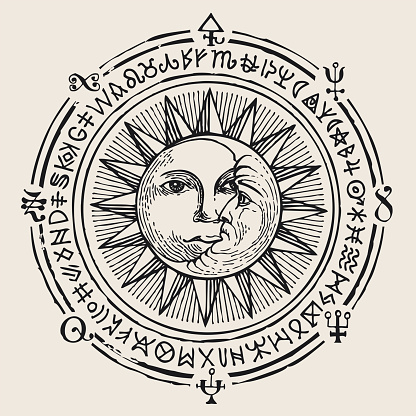 Vector banner with hand-drawn Sun, crescent Moon and esoteric symbols on an old beige background. Retro style illustration in the form of a circle with black drawings, magic signs and runes