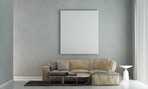 istock Modern living room interior and leather sofa and empty canvas frame on concrete wall texture background 1325038007