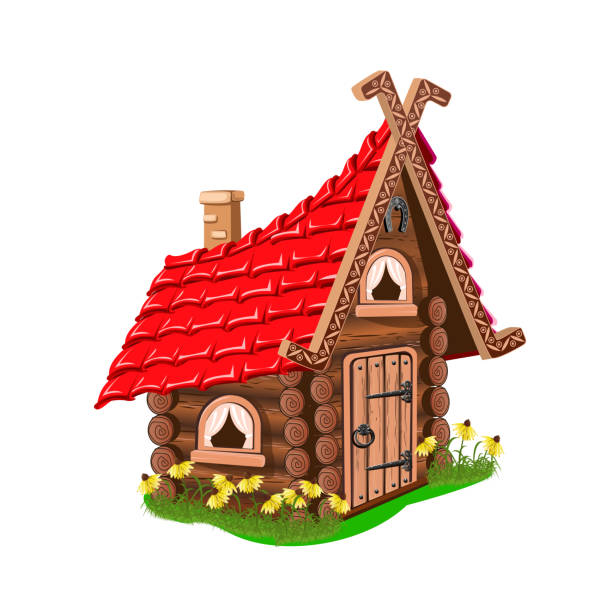 illustrazioni stock, clip art, cartoni animati e icone di tendenza di casa delle fiabe fatta di tronchi con un tetto rosso - forest hut window autumn