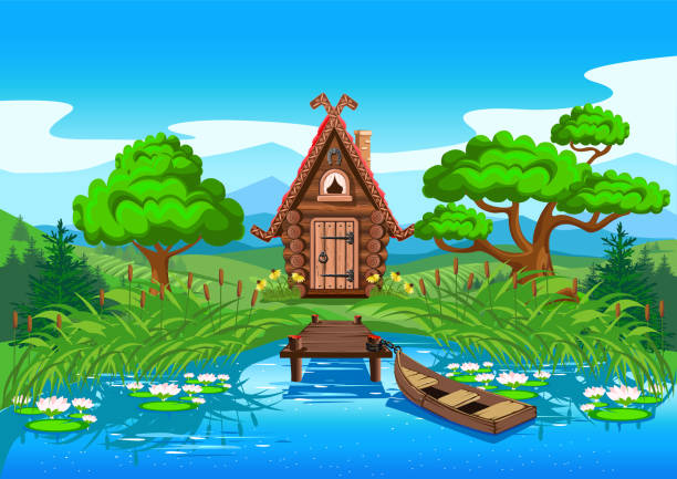 illustrazioni stock, clip art, cartoni animati e icone di tendenza di casa in legno sul lago - forest hut window autumn