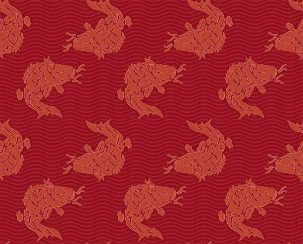 Vector illustration of Red koi fish pattern, Japanese carp luxury seamless background.