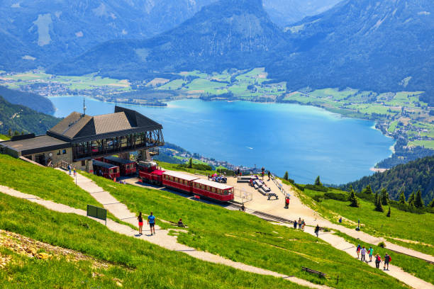 view of wolfgangsee lake from schafberg mountain, austria. wolfgangsee lake from alp mountain schafberg. sankt st. wolfgang im in salzkammergut, ried, salzburgerland, austria. - lake amadeus stock-fotos und bilder