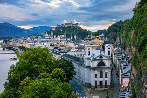 Panoramic view of Salzburg skyline with Fortress Hohensalzburg and river Salzach, Salzburger Land, Austria. Salzburg skyline with river Salzach in springtime, Austria.