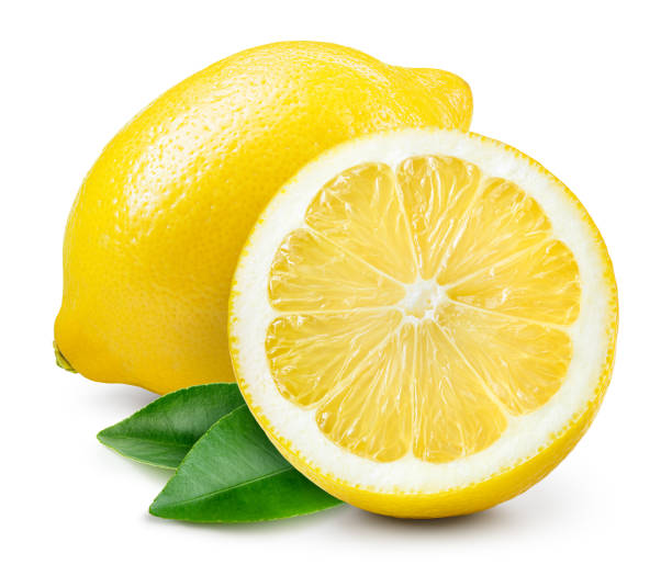 istock Lemon fruit with leaf isolate. Lemon half and a whole with leaves on white. Lemons isolated. With clipping path. Full depth of field. 1325042186