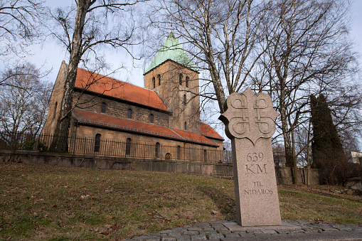 Oslo, Norway - February 24, 2020. The Old Aker Church, a medieval church, on Aker Hill in Oslo, Norway