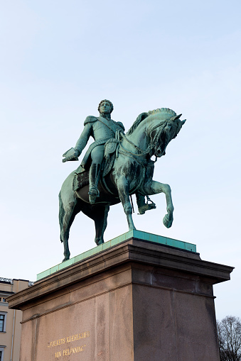 Oslo, Norway - February 24, 2020. Equetrian statue of King Charles III John (Karl Johan) in front of the Royal Palace in Oslo, Norway