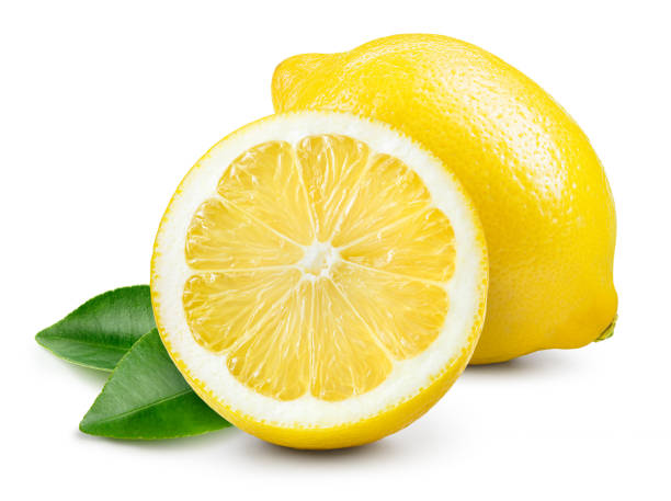 istock Lemon fruit with leaf isolate. Lemon half and a whole with leaves on white. Lemons isolated. 1325042451