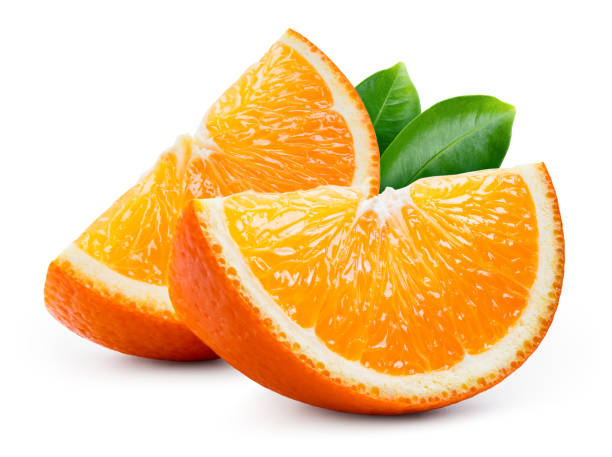 Orange slice isolate. Orange fruit slices with leaves on white background. Orang with clipping path. Full depth of field.