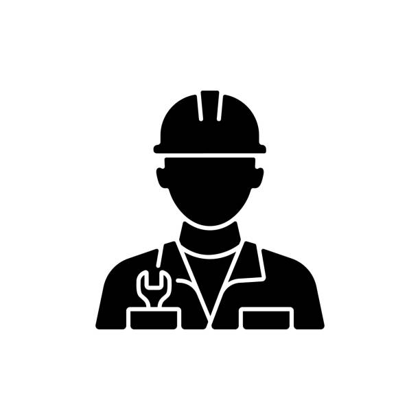 ilustrações de stock, clip art, desenhos animados e ícones de engineer black glyph icon - construction worker silhouette people construction