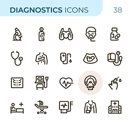 Diagnostics icons set # 38

Specification: 20 icons, 36x36 pх, perfect fit to 48x48 or 64x64 container, stroke weight 2 px.

Features: Pixel Perfect, One color, Single line.

First row of  icons contains:
Microscope, Oxygen Tube, Heart in hands, ICU Ventilator, Pills;

Second row contains: 
Stethoscope, Heart Attack, Hospital Dropper, Ultrasound Baby, Blood Pressure Gauge;

Third row contains: 
X-ray, Ultrasound Diagnostic Equipment, Pulse Trace, MRI Scanner, Blood Test;
 
Fourth row contains: 
Medical Bad, Intensive Care, Ekg device, Cardiogram, Hospital.

Complete Sunico collection - https://www.istockphoto.com/collaboration/boards/VZPMQQNTvUG4HwsmIjQzxA