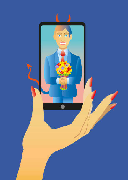 Devil in phone A woman's hand hold a mobile phone. On the screen is a handsome man, carrying a bunch of flowers. Outisde of the screen though, we see the red horns and tial of a devil. wolf in sheeps clothing stock illustrations