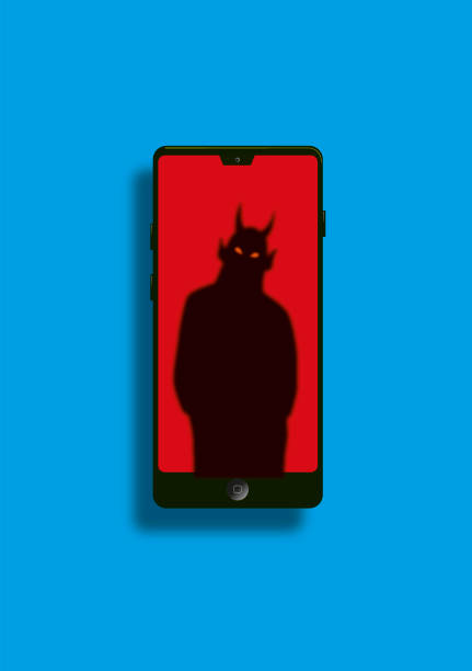 Phone devil On the screen of a mobile phone, we see the slightly blurred outline of a black devil creepy stalker stock illustrations