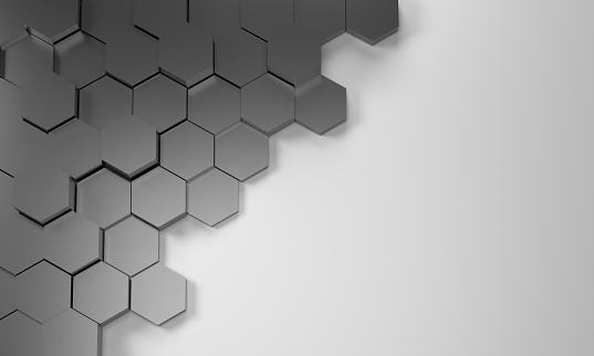 3D render. Abstract black background with hexagons and place