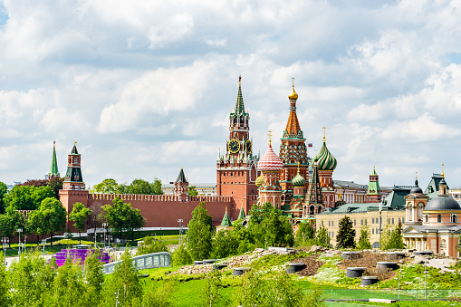 Moscow - view to The Kremlin from Zaryadye Park. Saint Basil's Cathedral is on the background.