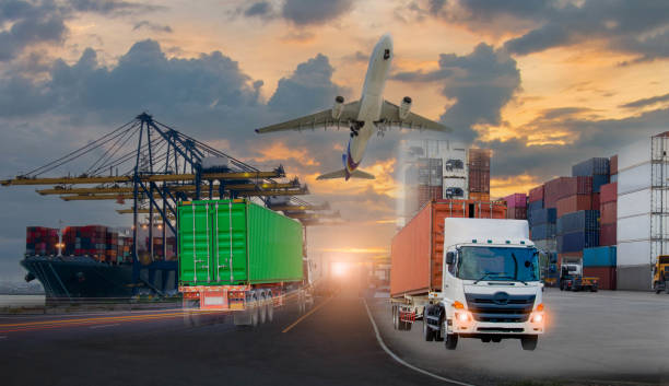istock Logistics and transportation of Container Cargo ship and Cargo plane with working crane bridge in shipyard at sunrise, logistic import export and transport industry background 1325045181